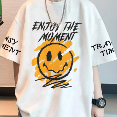 White Graphic Printed Oversize Tshirt, Enjoy The Moment Oversize T-Shirt